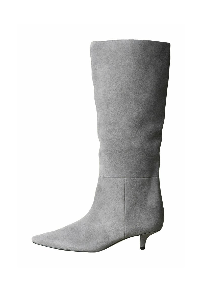 Gray suede knee-high boot with a pointed toe and a low kitten heel. Smooth texture and minimalist design, featuring a discreet seam detail.