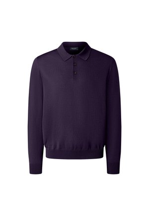 Tmavě fialový pletený svetr s límečkem, zapínáním na tři knoflíky a žebrovanými manžetami a lemem. Měkká textura, dlouhé rukávy, minimalistický design.