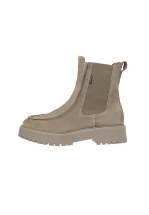 Ankle Stiefel aus olivgrünem Wildleder, mit elastischen Seitenpaneelen, einer strukturierten Gummisohle und einem glatten Zehenkappen-Design.
