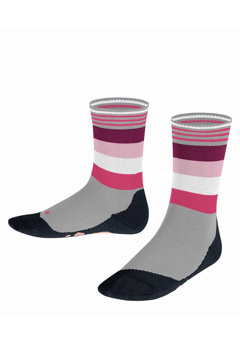 Bunte gestreifte Socken in Grau-, Rosa- und Burgundertönen, mit einer einfarbigen schwarzen Ferse und Spitze. Strukturierter Strickstoff und gerippter Bund.