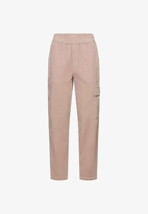 Khakifarbene Cargohose mit elastischem Bund, schmal zulaufendem Bein, zwei Seitentaschen und einer großen Cargotasche am rechten Oberschenkel.