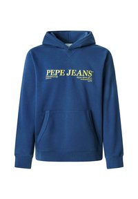 Navy modra kapuca iz mehke tkanine, z sprednjo žepom, kapuco na vrvico in rumenim napisom: "PEPE JEANS PORTOBELLO RD LONDON."