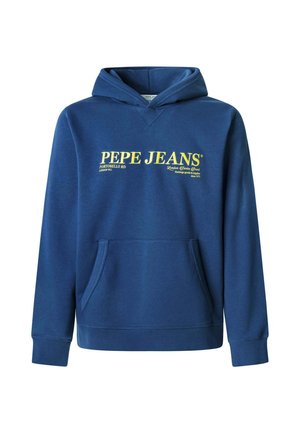 Tamsiai mėlyna džemperis su gobtuvu, pagamintas iš minkštos medžiagos, su priekinėmis kišenėmis, raišteliu ir geltonu užrašu: "PEPE JEANS PORTOBELLO RD LONDON."
