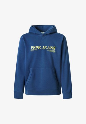 Tums zilas hoody, izgatavots no mīkstas auduma, ar priekšējo kabatu, kapuci ar šnoru un dzeltenu tekstu: "PEPE JEANS PORTOBELLO RD LONDON."