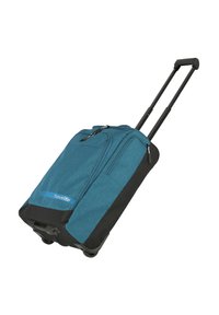 Trolleykoffer aus türkisem Stoff mit schwarzen Akzenten, ausgestattet mit einem ausziehbaren Griff, zwei Reißverschlussfächern und Inline-Skate-Rädern.