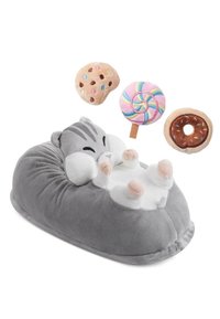 Gray plush cat-shaped pillow with white paws, featuring three plush snacks: a cookie, a lollipop, and a donut, all with pastel colors.