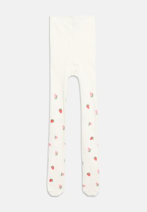 Fehér gyerekharisnya, rajta szórt piros és rózsaszín eperminták, világos háttéren kiterítve.