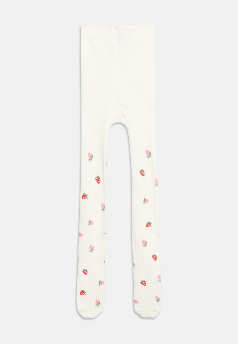 Collants blancs pour enfants avec des motifs dispersés de fraises rouges et roses, étalés à plat sur un fond clair.