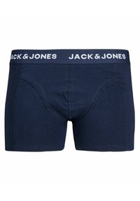 Marineblaue Baumwollboxershorts mit elastischem Bund, auf dem "JACK & JONES" in weißer Schrift steht. Glatte Textur und enganliegendes Design.