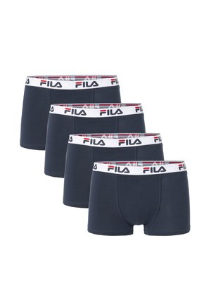 Fire par navyblå herre-boxershorts med hvide elastiske taljebånd med FILA-logo i sort og rød.