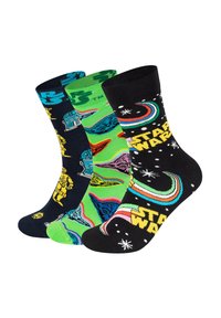 Pakket van drie paren sokken met een mix van kleuren: blauw, groen en zwart. Ontwerpen omvatten Star Wars-personages en patronen met tekst en sterren.