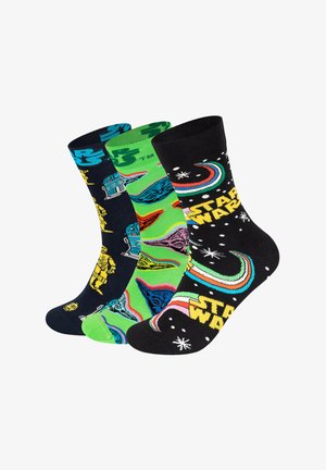 Pack of three socks featuring a mix of colors: blue, green, and black. Designs include Star Wars characters and patterns with text and stars.