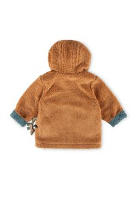 Giacca per toddler marrone pelosa con cappuccio e polsini a maniche trapuntati in teal, vista da dietro su uno sfondo bianco.