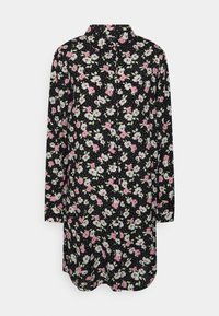 Abito camicia nero con un motivo floreale che presenta fiori rosa e bianchi, maniche lunghe, colletto e chiusura frontale con bottoni.