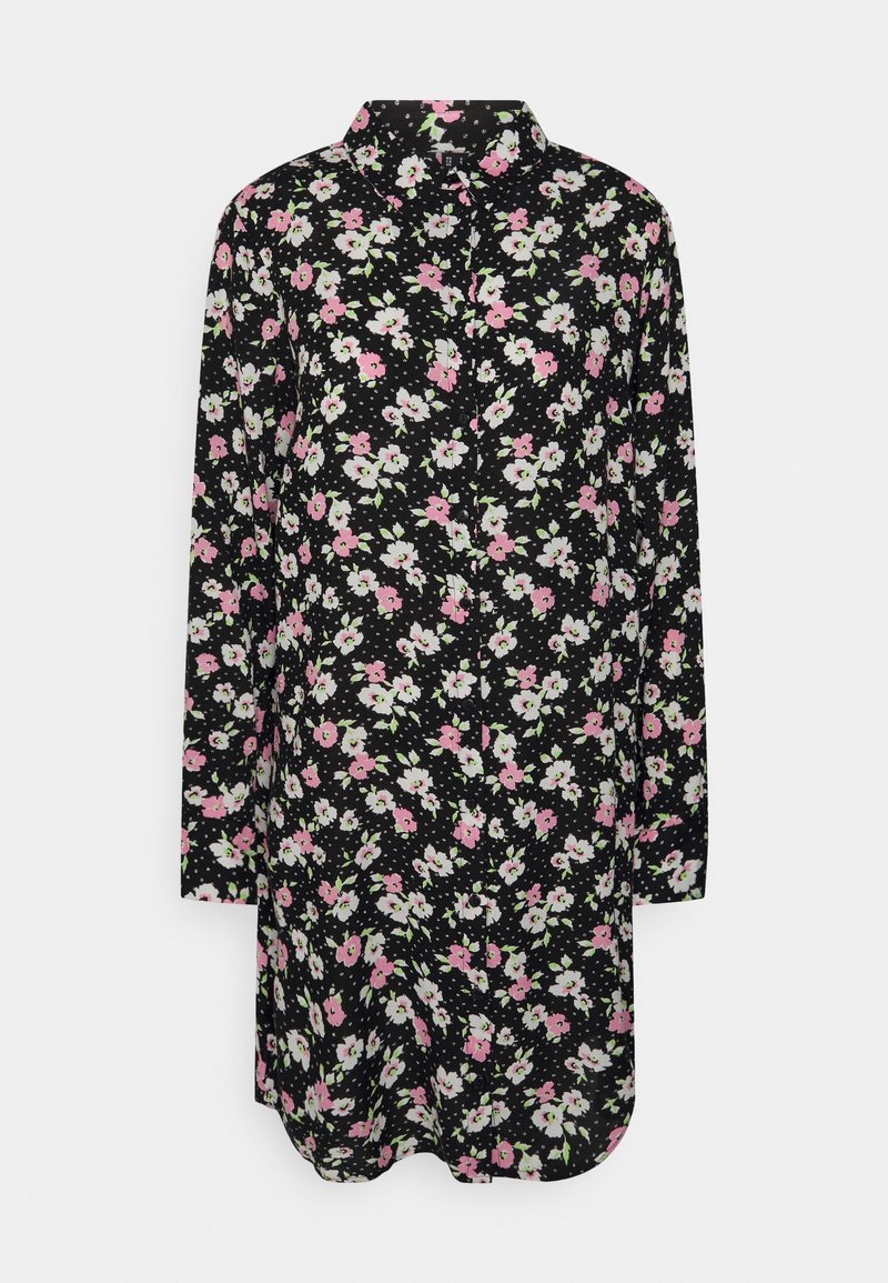 Abito camicia nero con un motivo floreale che presenta fiori rosa e bianchi, maniche lunghe, colletto e chiusura frontale con bottoni.