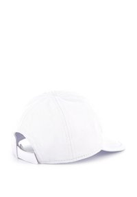 White baseball cap made of cotton twill. Features a curved brim and an adjustable strap at the back, with visible stitching details.