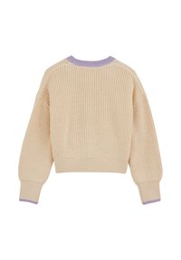 Bēša, bieza adīta džempera ar garām bumbierveida piedurknēm, ribotiem aprocēm un apakšmalu, un lillā apdare apkaklē un piedurkņu galos.