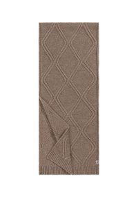 Brown knitted throw blanket featuring a diamond pattern, textured surface, and ribbed edges. Folded at one corner, showing two layers.