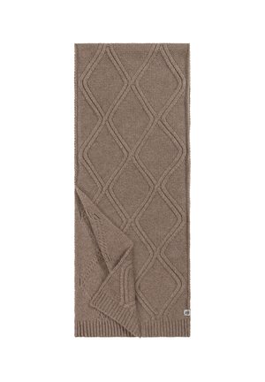 Brown knitted throw blanket featuring a diamond pattern, textured surface, and ribbed edges. Folded at one corner, showing two layers.
