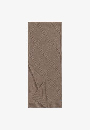 Brown knitted throw blanket featuring a diamond pattern, textured surface, and ribbed edges. Folded at one corner, showing two layers.