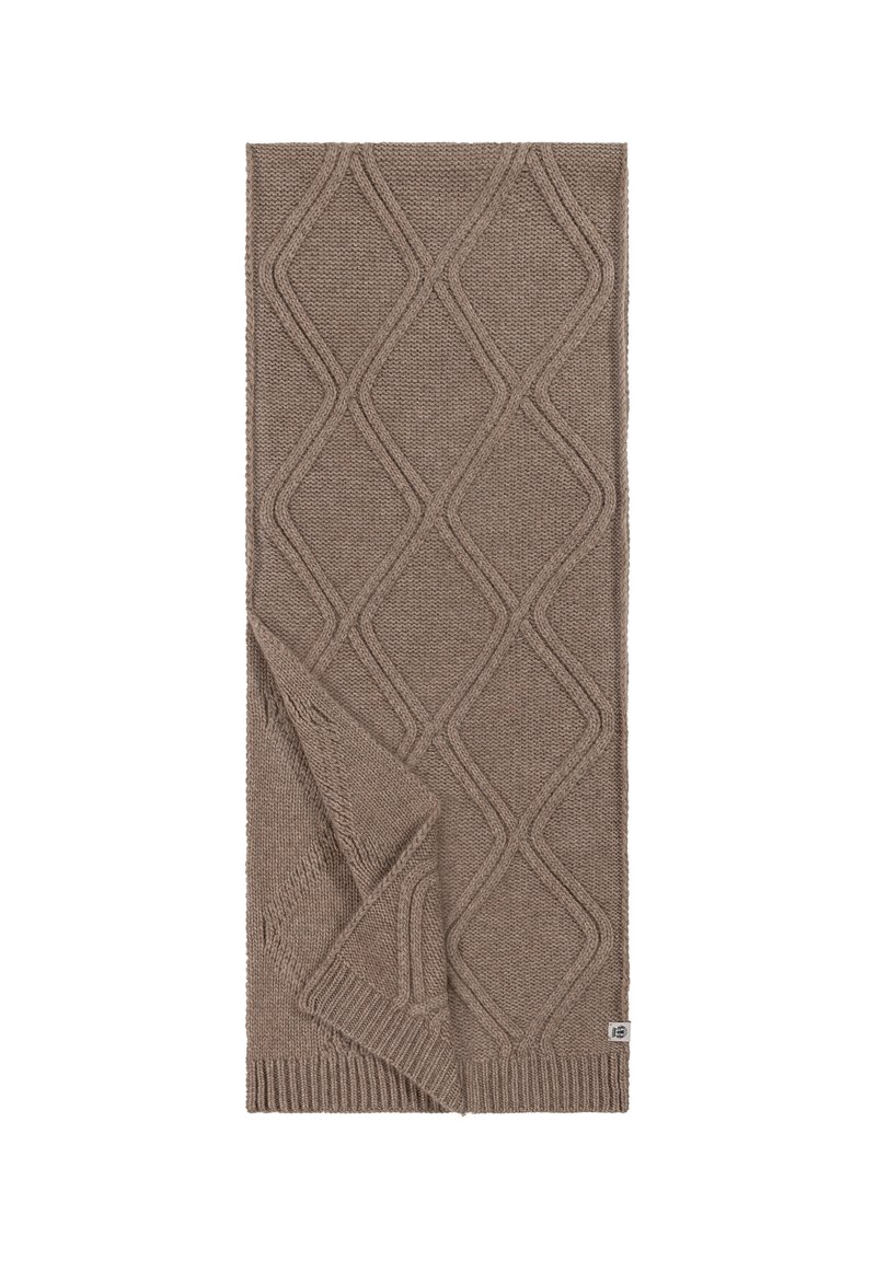 Brown knitted throw blanket featuring a diamond pattern, textured surface, and ribbed edges. Folded at one corner, showing two layers.