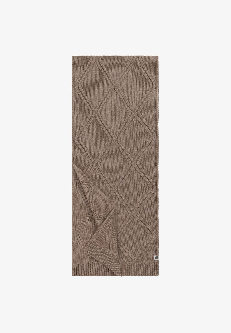 Brown knitted throw blanket featuring a diamond pattern, textured surface, and ribbed edges. Folded at one corner, showing two layers.