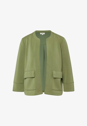Hellolivgrüne Jacke mit offenem Schnitt, langen Ärmeln, rundem Ausschnitt und zwei Klapptaschen auf der Vorderseite.