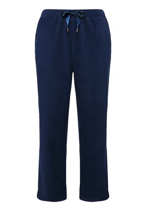Pantalones de chándal de polar azul marino con cintura elástica y cordón de cinta azul, que presentan bolsillos laterales y un diseño de pierna recta.