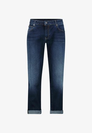 Dunkelblaue Denim-Jeans mit geradem Schnitt, umgeschlagenen Säumen, dezentem Verblassen und Kontrastnähten; ausgestattet mit standardmäßigen Vorder- und Hintertaschen.