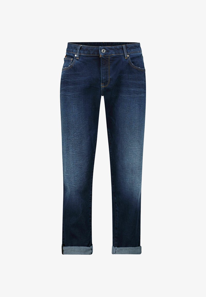 Dark blue denim jeans with a straight cut, rolled cuffs, subtle fading, and contrast stitching; features standard front and back pockets.