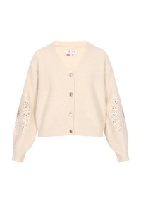 Krém színű kardigán, V-nyakkivágással, öt fémgombbal és puffos ujjakkal, amelyek virágos hímezéssel és gyöngyfelszerelésekkel díszített mandzsettákkal rendelkeznek.