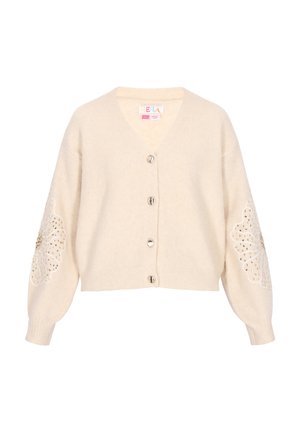 Cremefarvet cardigan med V-hals, fem metalliske knapper og pufærmer med blomsterbroderi og perleagtige accenter ved ærmerne.