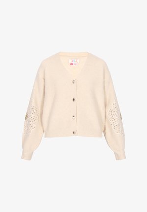 Cardigan color crema con scollo a V, cinque bottoni metallici e maniche arricciate con ricami floreali e dettagli di perline sui polsini.