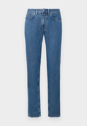 Blue high-waist straight-leg jeans with front button and zipper, five pockets, and belt loops displayed on white background.