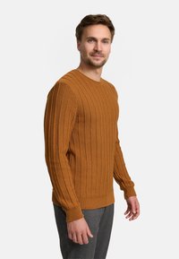 Burnt orange ribbed sweater with long sleeves and crew neckline, made from textured knit fabric. Paired with gray patterned trousers.