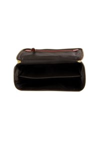 Brun stofflommebok med gullglidelås, med et romslig interiør som har to rom og en enkelt glidelåslomme bak.