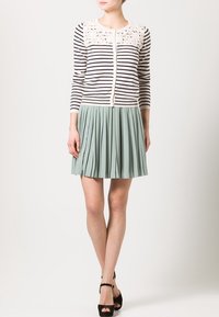 Cárdigan de rayas azul marino y blanco con detalle de encaje, combinado con una falda plisada verde menta. Zapatos de tacón negros completan el conjunto.