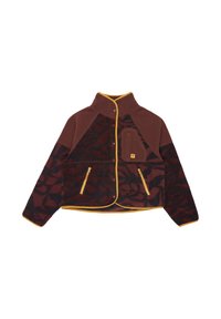 Brązowa polarowa kurtka w kwiatowy wzór, z kontrastującymi żółtymi wykończeniami, wysokim kołnierzem i przednimi kieszeniami zapinanymi na zamek. Miękka tekstura na całej powierzchni.