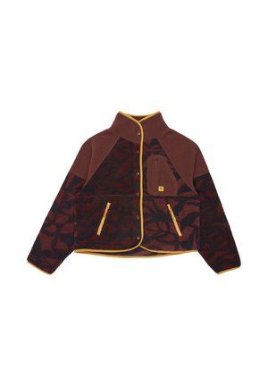 Bruine fleecejas met een bloempatroon, contrasterende gele details, hoge kraag en met ritssluitingen vooraan. Zacht in structuur.