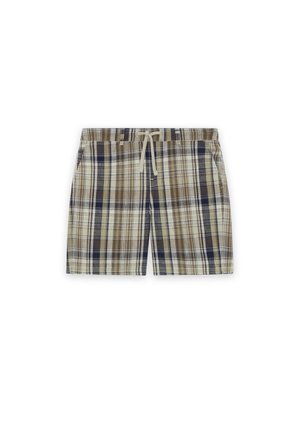 Pantaloncini da uomo casual con motivo a quadri marrone, beige e blu navy, tasche frontali e cintura con coulisse beige.