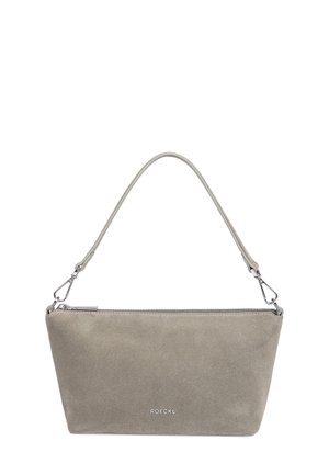 Small taupe suede shoulder bag with silver zipper, detachable strap, and "ROECKL" logo on front center.