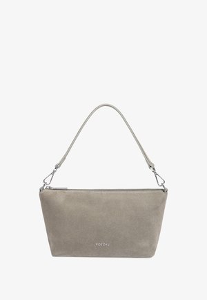 Kleine taupefarbene Wildleder-Schultertasche mit silbernem Reißverschluss, abnehmbarem Riemen und "ROECKL"-Logo auf der Vorderseite.