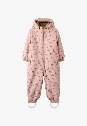 Roze kinderoverall met dino-patronen, kap, ritssluiting aan de voorkant, elastische manchetten en voetbandjes voor buitengebruik.