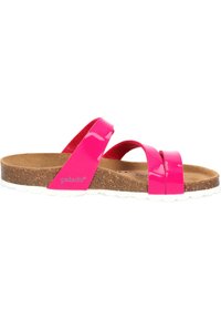 Sandalia deslizante de patente rosa con dos tiras, plantilla de corcho y suela de goma blanca. Presenta una marca en el lateral y una textura suave.