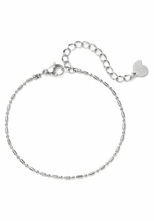 Silberarmband mit abwechselnden ovalen und runden Gliedern, ausgestattet mit einem Karabinerverschluss und einer verstellbaren Kette mit einem Anhänger am Ende.