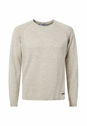 Helle beigefarbene Langarm-Sweatshirt mit Rundhalsausschnitt, Raglanärmeln und strukturiertem Stoff. Verfügt über ein kleines Logo am unteren Saum.