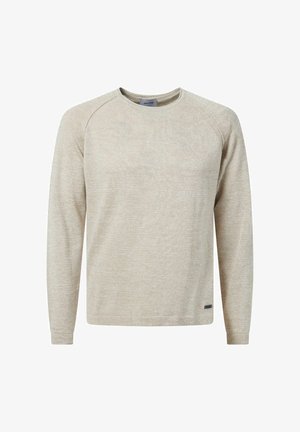 Sweatshirt long à manches raglan beige clair avec un col rond et un tissu texturé. Présente un petit logo sur l'ourlet inférieur.