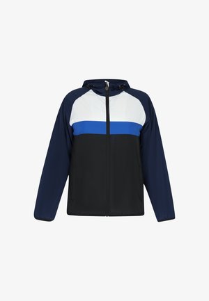 Udendørsjakke med lynlås, hætte og lommer. Fremstillet af letvægtsstof i en marineblå, hvid og blå farveblok design.