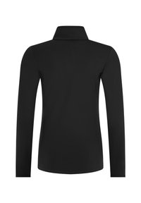 Schwarze, langärmelige, eng anliegende Jacke mit hohem Kragen, von hinten vor weißem Hintergrund gezeigt.