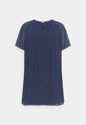 Navy blue short-sleeved blouse with a round neckline, featuring pleats at the yoke and a subtle keyhole opening at the front. Lightweight fabric.